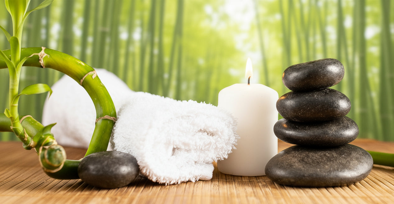 White candle, folded white towel, and stacked black stones on a wooden surface with bamboo in the background