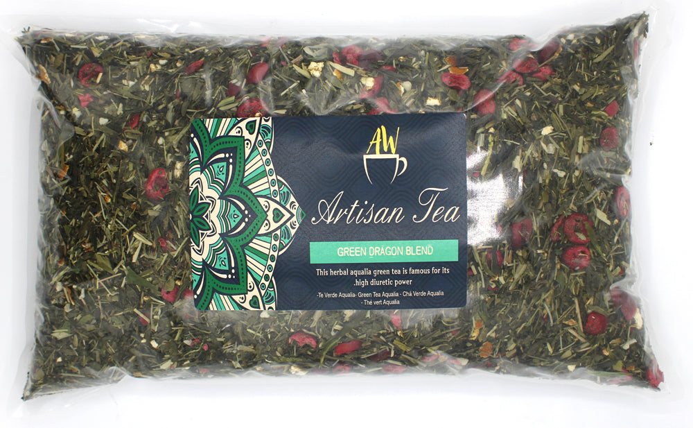 In a clear rectangular bag with an Artisan Tea label; Green Dragon green tea blend from Quintessential Holistic Health.