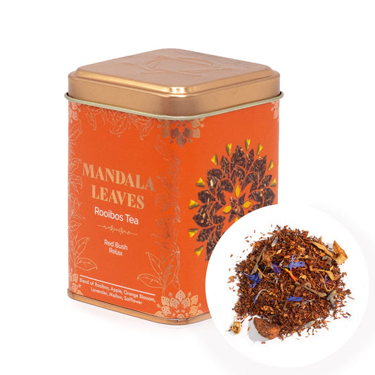 50g Red Bush Relax Blend Artisan Tea product packaging on clean background from Quintessential Holistic Health Ltd