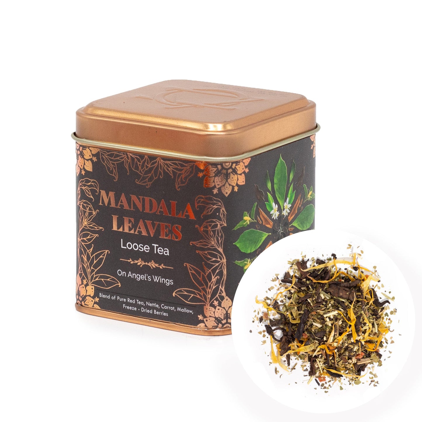 50g On Angels Wings Blend Artisan Tea product packaging on clean background from Quintessential Holistic Health Ltd
