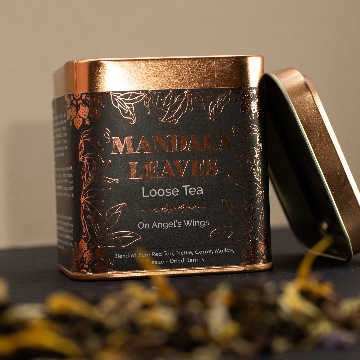 50g On Angels Wings Blend Artisan Tea product packaging on clean background from Quintessential Holistic Health Ltd