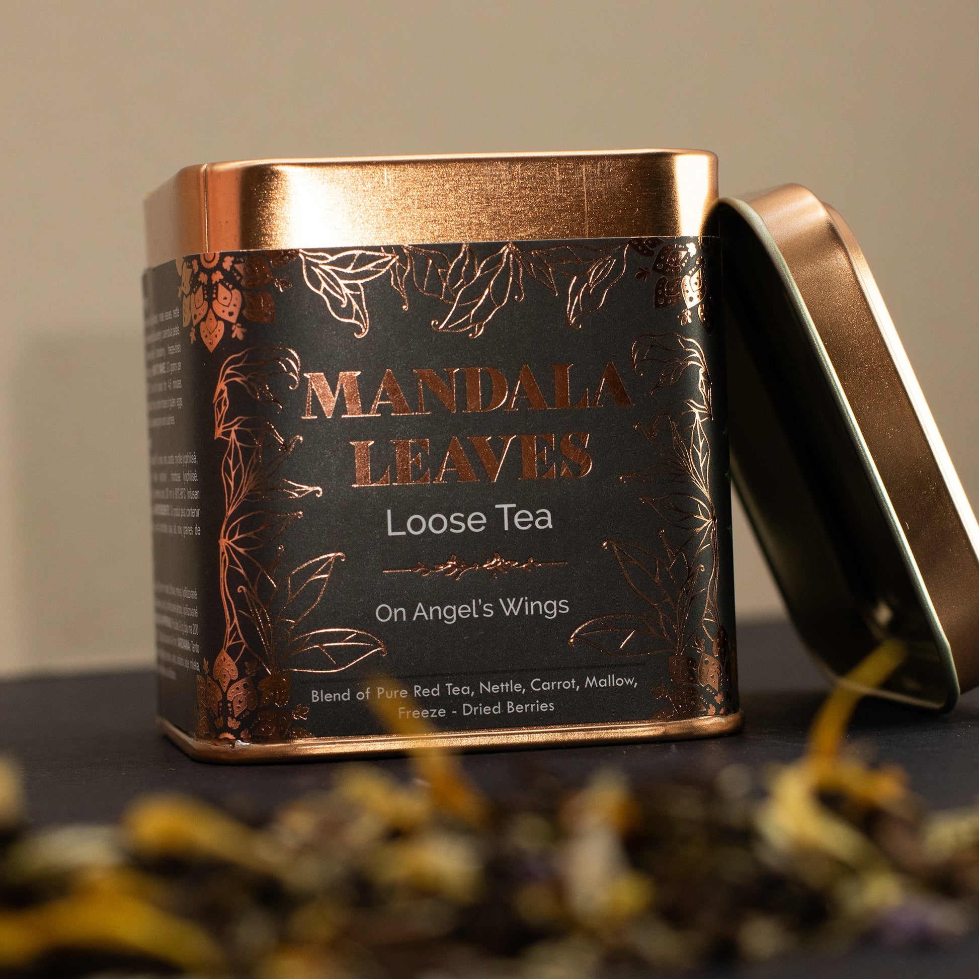 50g On Angels Wings Blend Artisan Tea product packaging on clean background from Quintessential Holistic Health Ltd