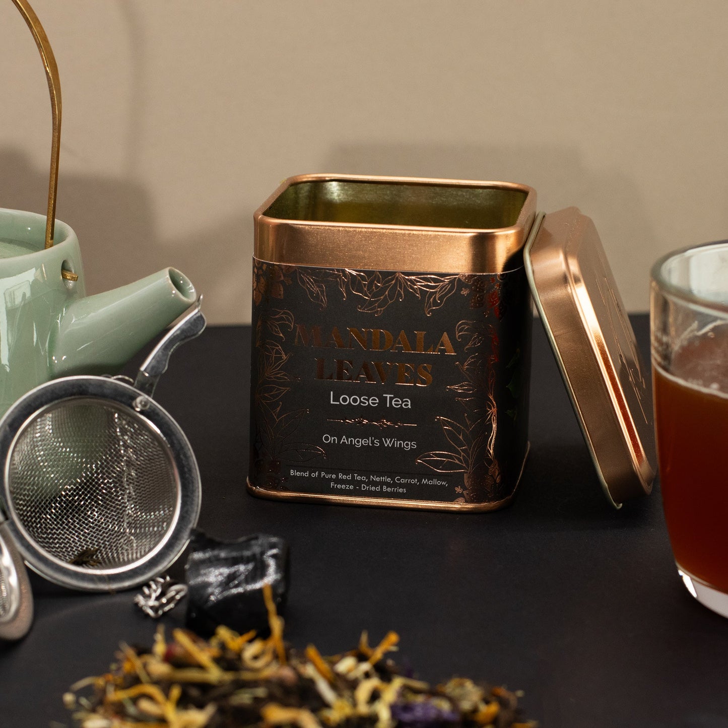 50g On Angels Wings Blend Artisan Tea product packaging on clean background from Quintessential Holistic Health Ltd