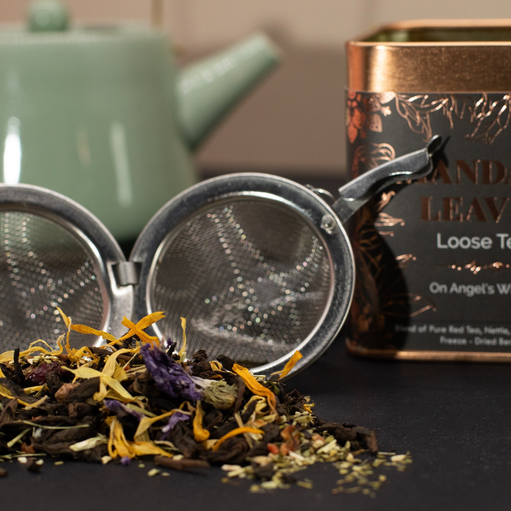 50g On Angels Wings Blend Artisan Tea product packaging on clean background from Quintessential Holistic Health Ltd