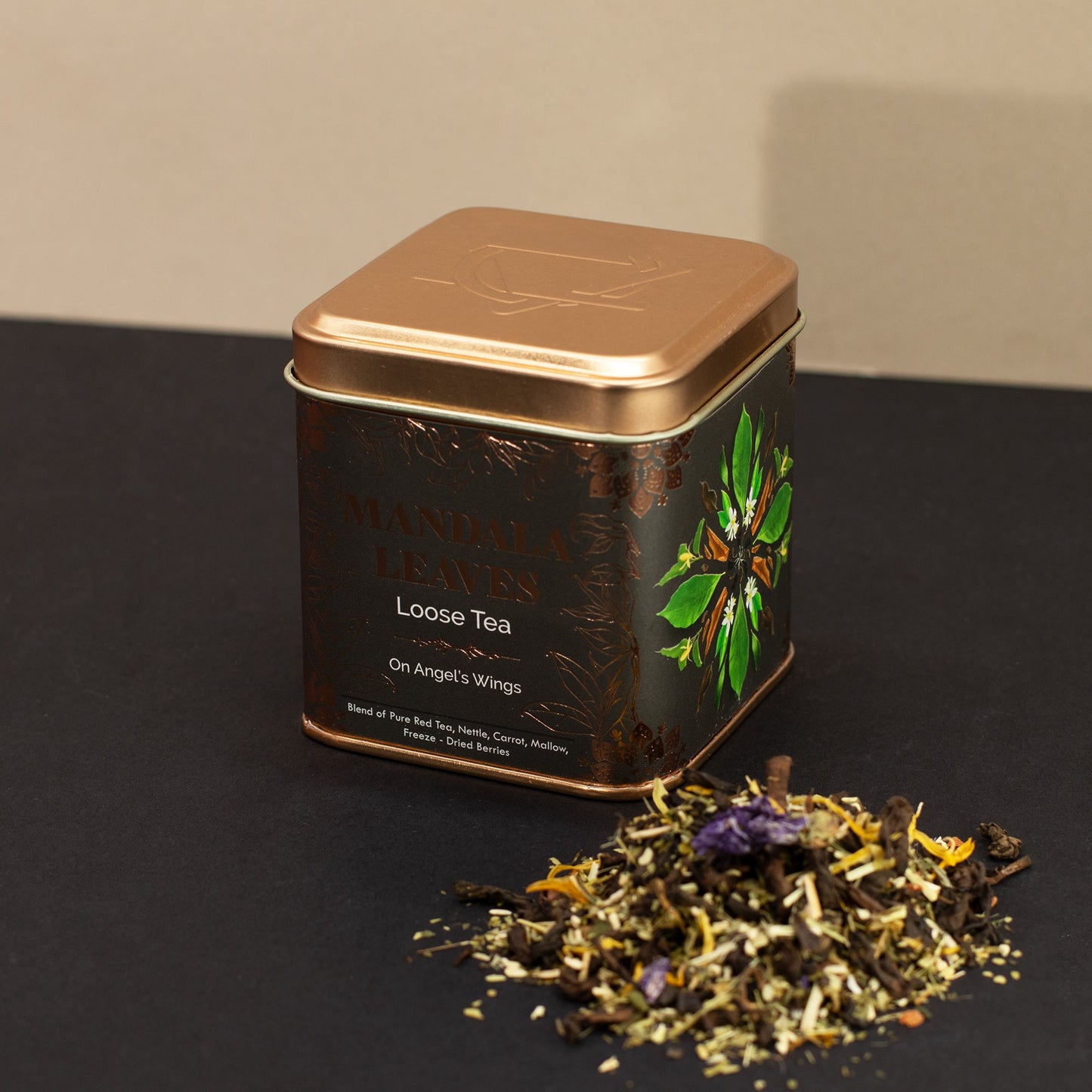 50g On Angels Wings Blend Artisan Tea product packaging on clean background from Quintessential Holistic Health Ltd