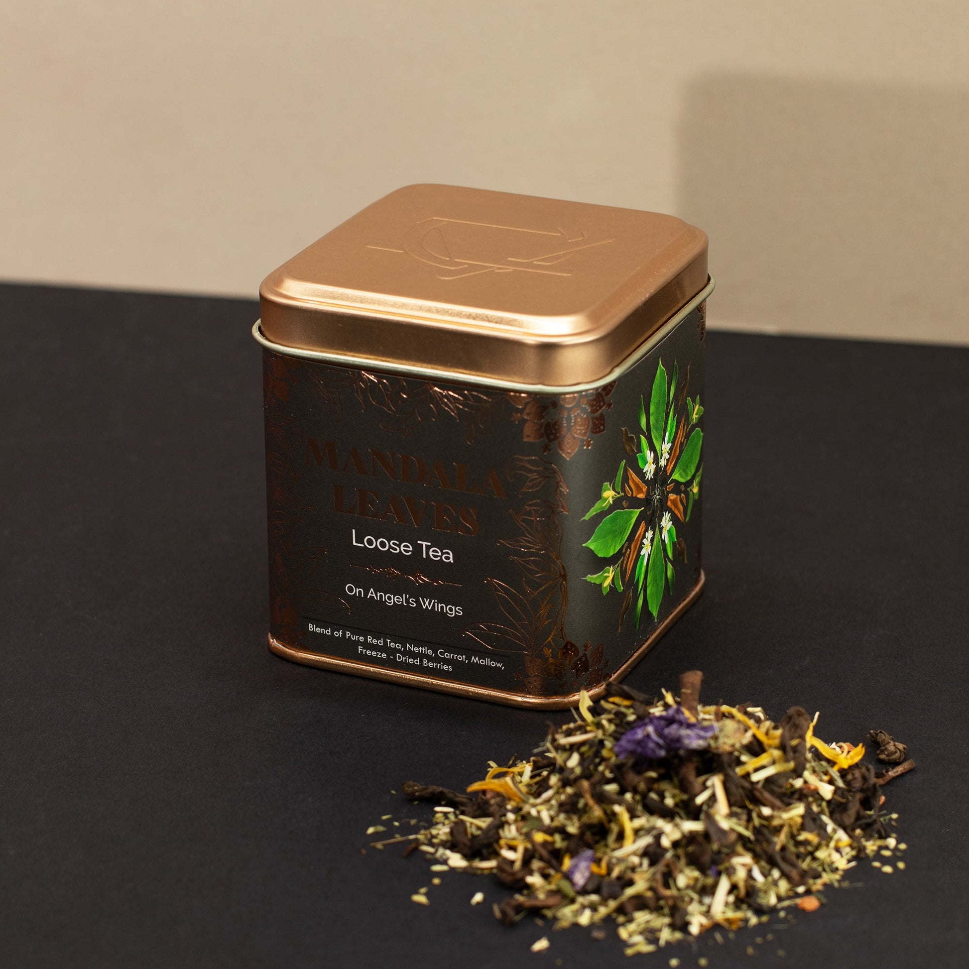 50g On Angels Wings Blend Artisan Tea product packaging on clean background from Quintessential Holistic Health Ltd