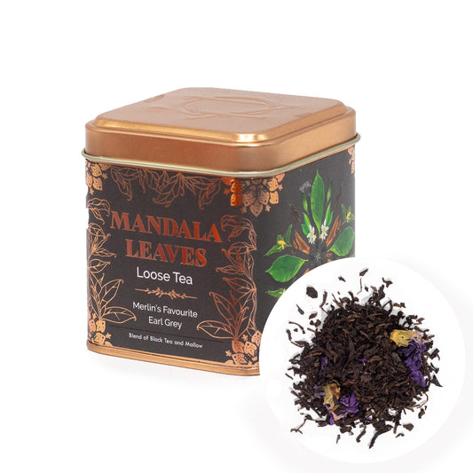 50g Merlin's Favourite Earl Grey Blend Artisan Tea product packaging on clean background from Quintessential Holistic Health Ltd