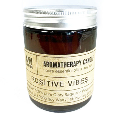 Positive Vibes - Aromatherapy Eco-Friendly Soy Wax Candle - Clary Sage and Peppermint product packaging on clean background from Quintessential Holistic Health Ltd