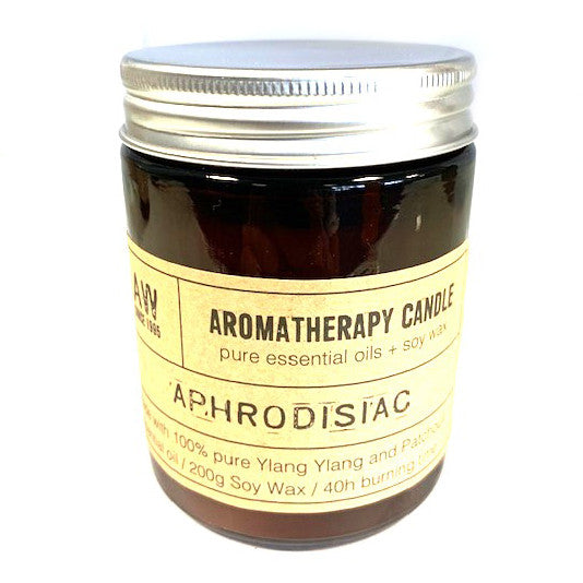 Aphrodisiac - Aromatherapy Eco-Friendly Soy Wax Candle - Ylang Ylang and Patchouli product packaging on clean background from Quintessential Holistic Health Ltd