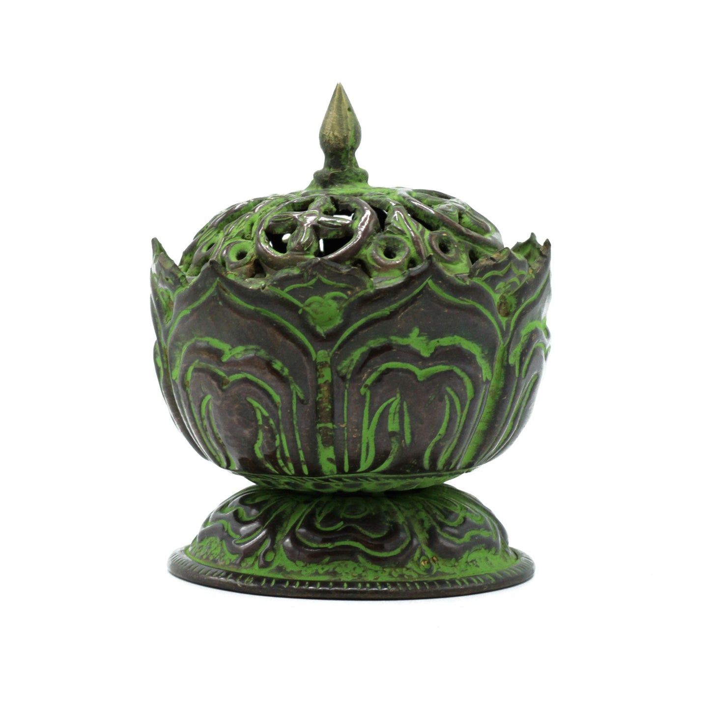 Handcrafted Brass Verdigris Tibetan Incense Burner - Lotus - Small, green lidded vessel with pierced floral patterns, by Quintessential Holistic Health Ltd