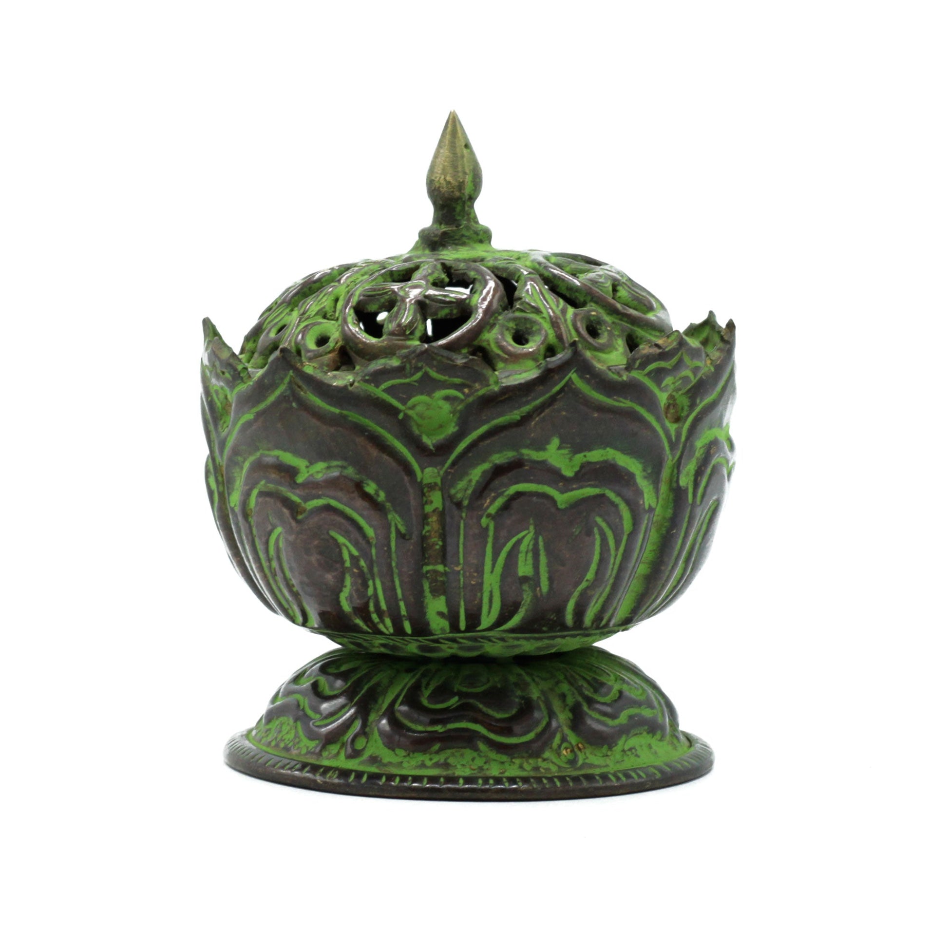Handcrafted Brass Verdigris Tibetan Incense Burner - Lotus - Small, green lidded vessel with pierced floral patterns, by Quintessential Holistic Health Ltd