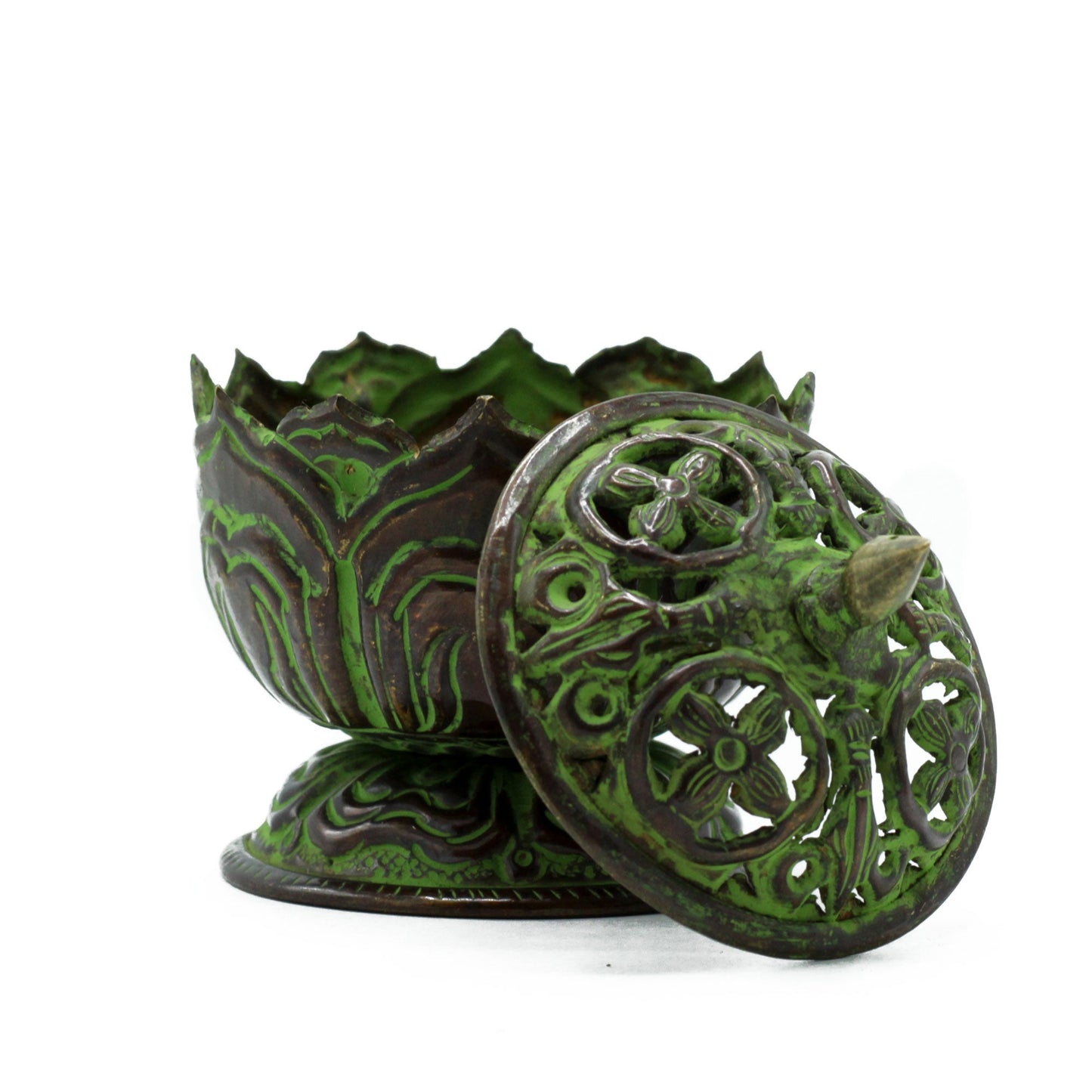Handcrafted Brass Verdigris Tibetan Incense Burner - Lotus - Small, green vessel open with its pierced lid beside it, by Quintessential Holistic Health Ltd