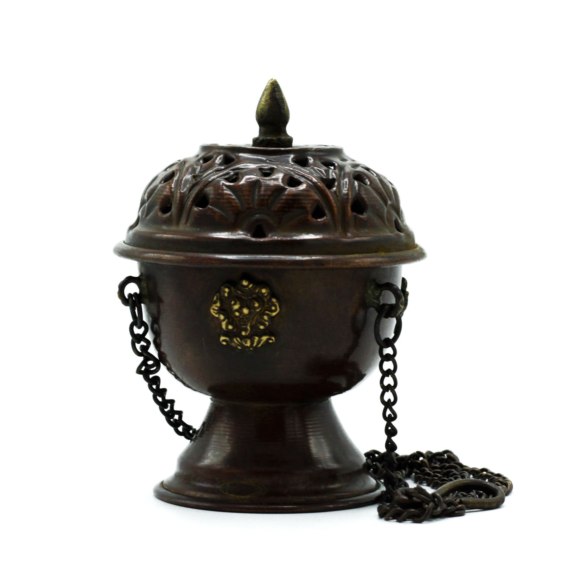 Copper Hanging Incense Burner - Tibetan with a pierced domed lid, pointed finial, pedestal base and hanging chain by Quintessential Holistic Health Ltd