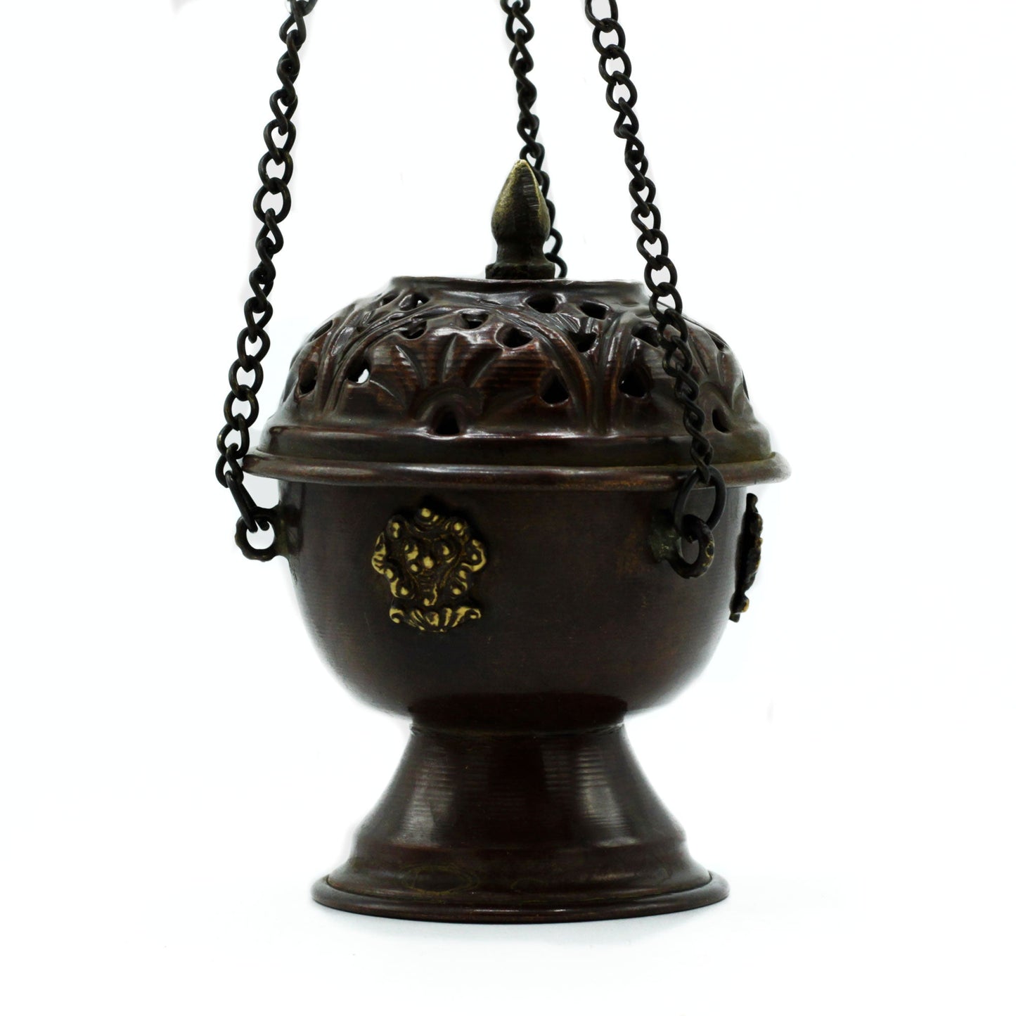 Copper Hanging Incense Burner - Tibetan suspended from three chains with an ornate pierced lid by Quintessential Holistic Health Ltd