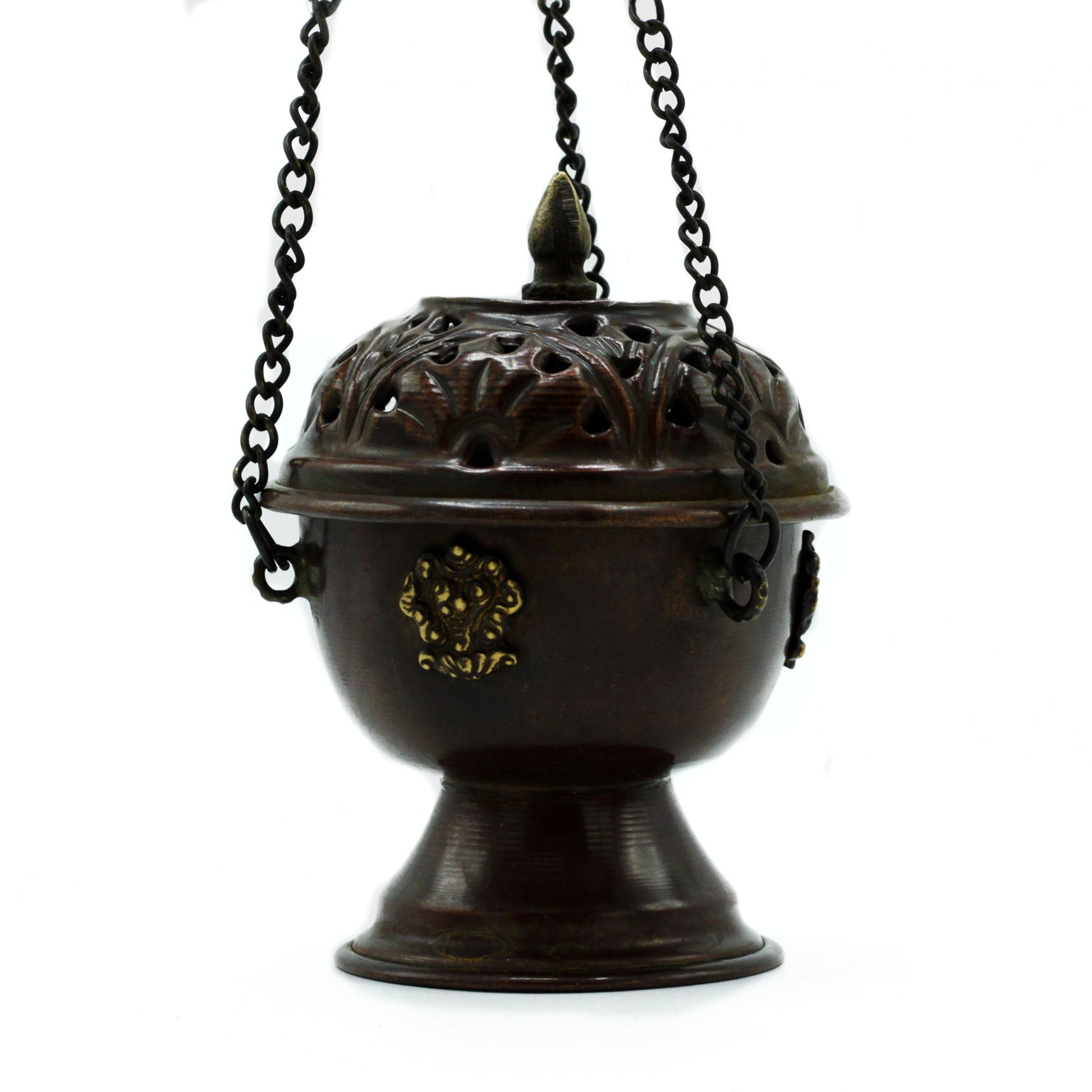 Copper Hanging Incense Burner - Tibetan suspended from three chains with an ornate pierced lid by Quintessential Holistic Health Ltd