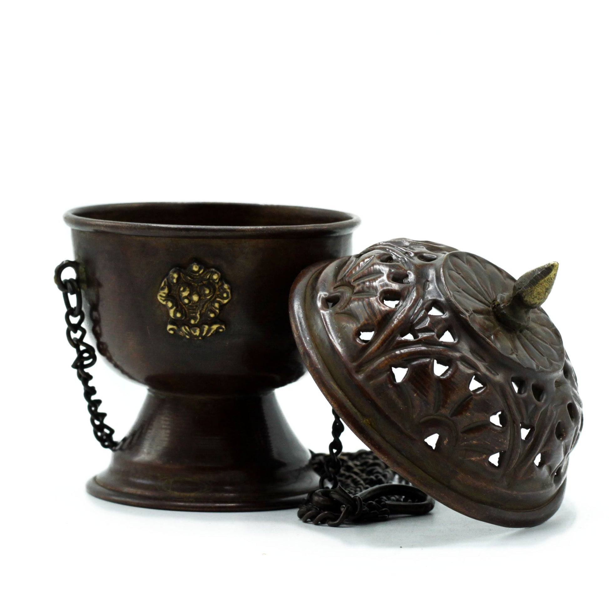 Copper Hanging Incense Burner - Tibetan with detached pierced lid and coiled hanging chain by Quintessential Holistic Health Ltd
