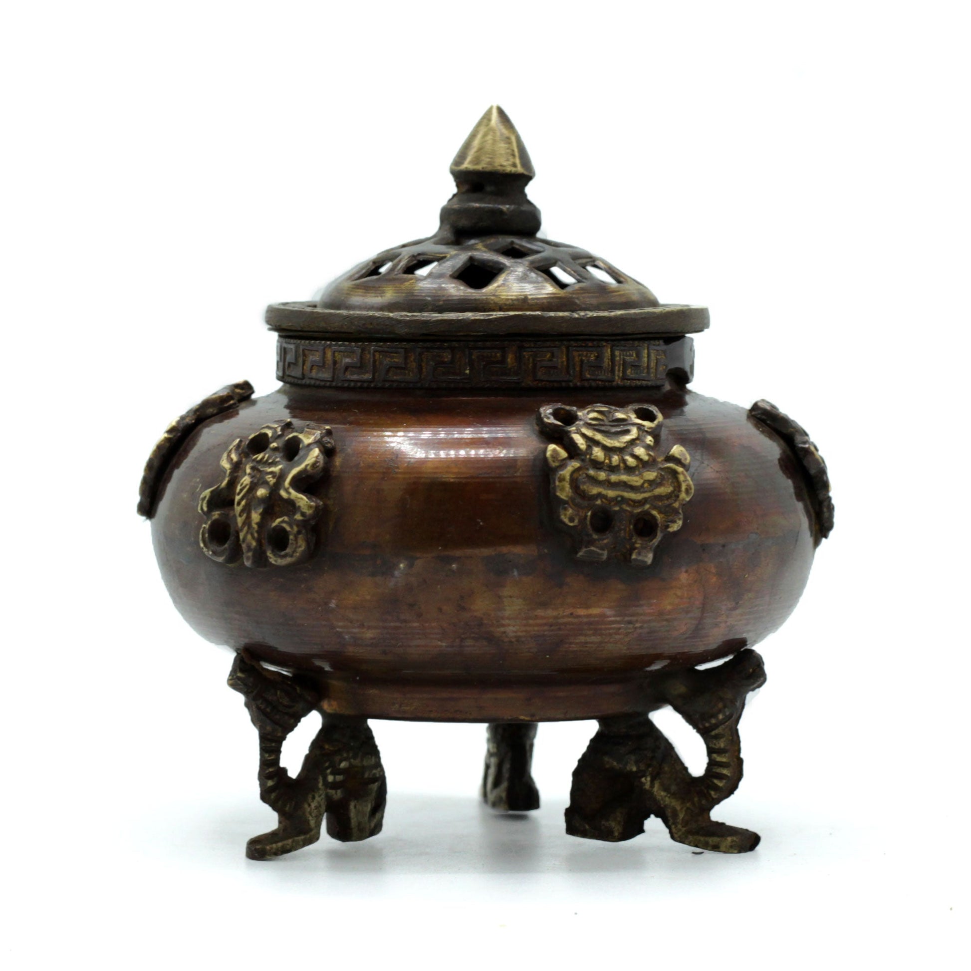 Handcrafted Brass Tibetan Incense Burner - Six Symbols - Large, lidded rounded vessel on three ornate feet, by Quintessential Holistic Health Ltd