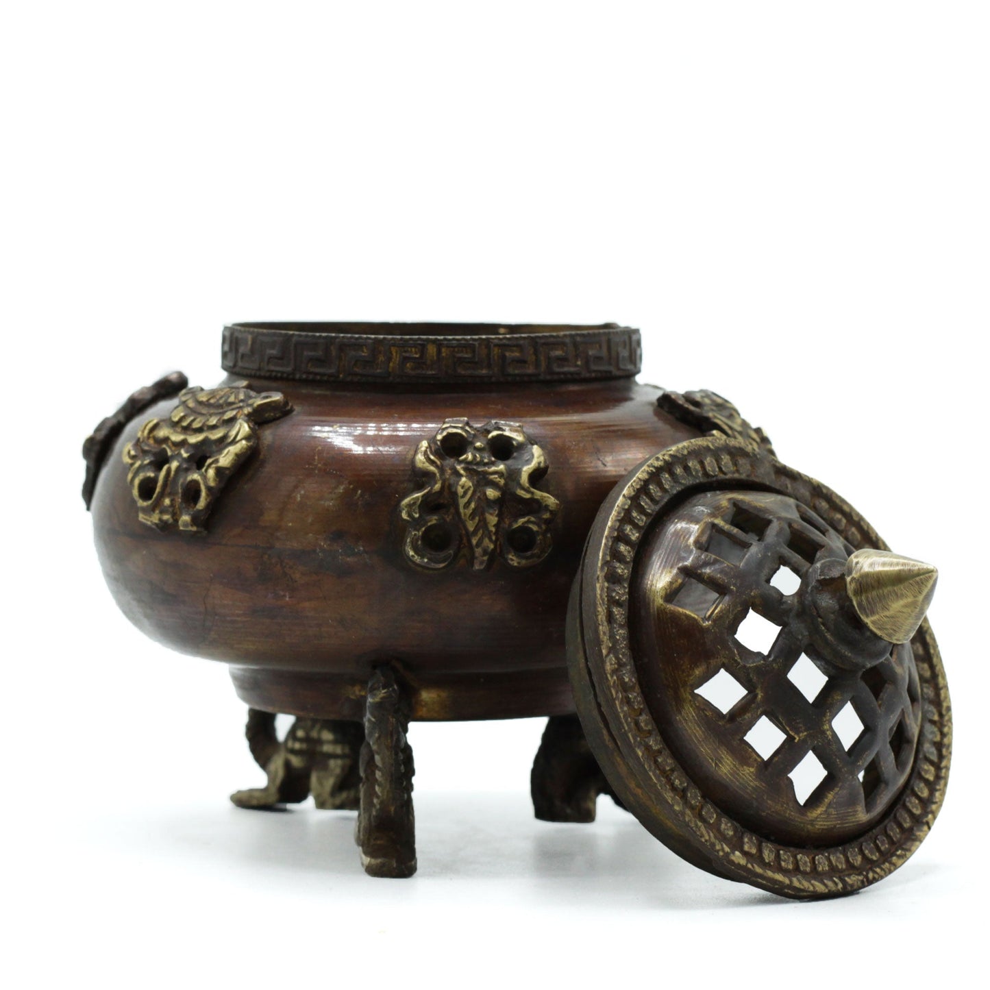 Handcrafted Brass Tibetan Incense Burner - Six Symbols - Large, rounded vessel with its pierced lid leaning beside it, by Quintessential Holistic Health Ltd