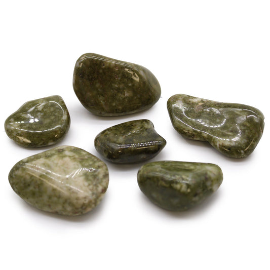 6 x Polished Natural Tumble Stones - Epidote Snowflake product packaging on clean background from Quintessential Holistic Health Ltd