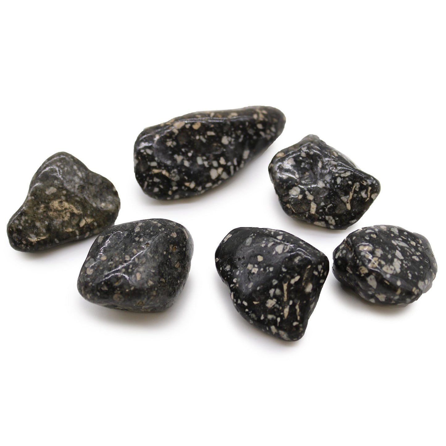 6 x Polished Natural Tumble Stones - Guinea Fowl Jasper product packaging on clean background from Quintessential Holistic Health Ltd