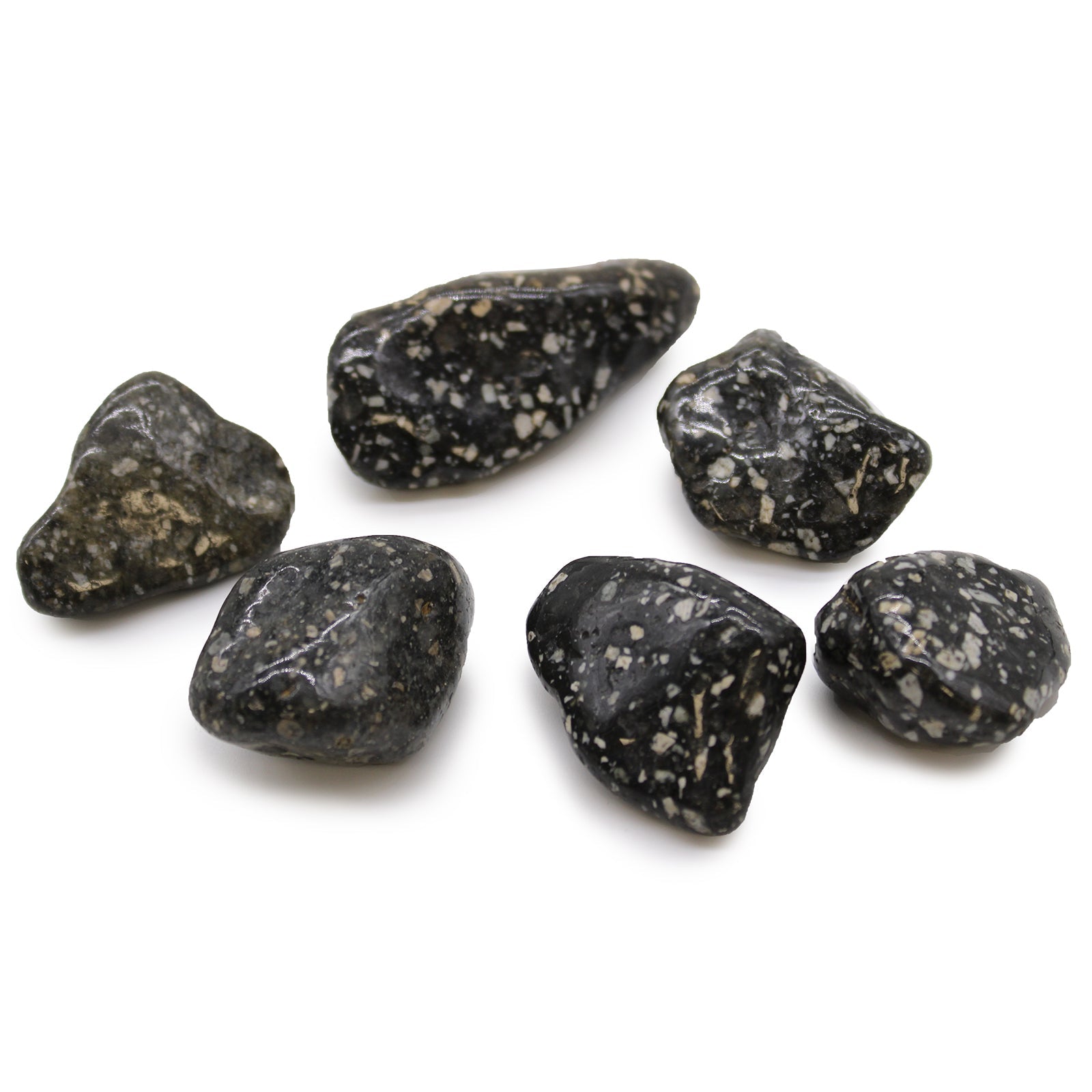 6 x Polished Natural Tumble Stones - Guinea Fowl Jasper product packaging on clean background from Quintessential Holistic Health Ltd