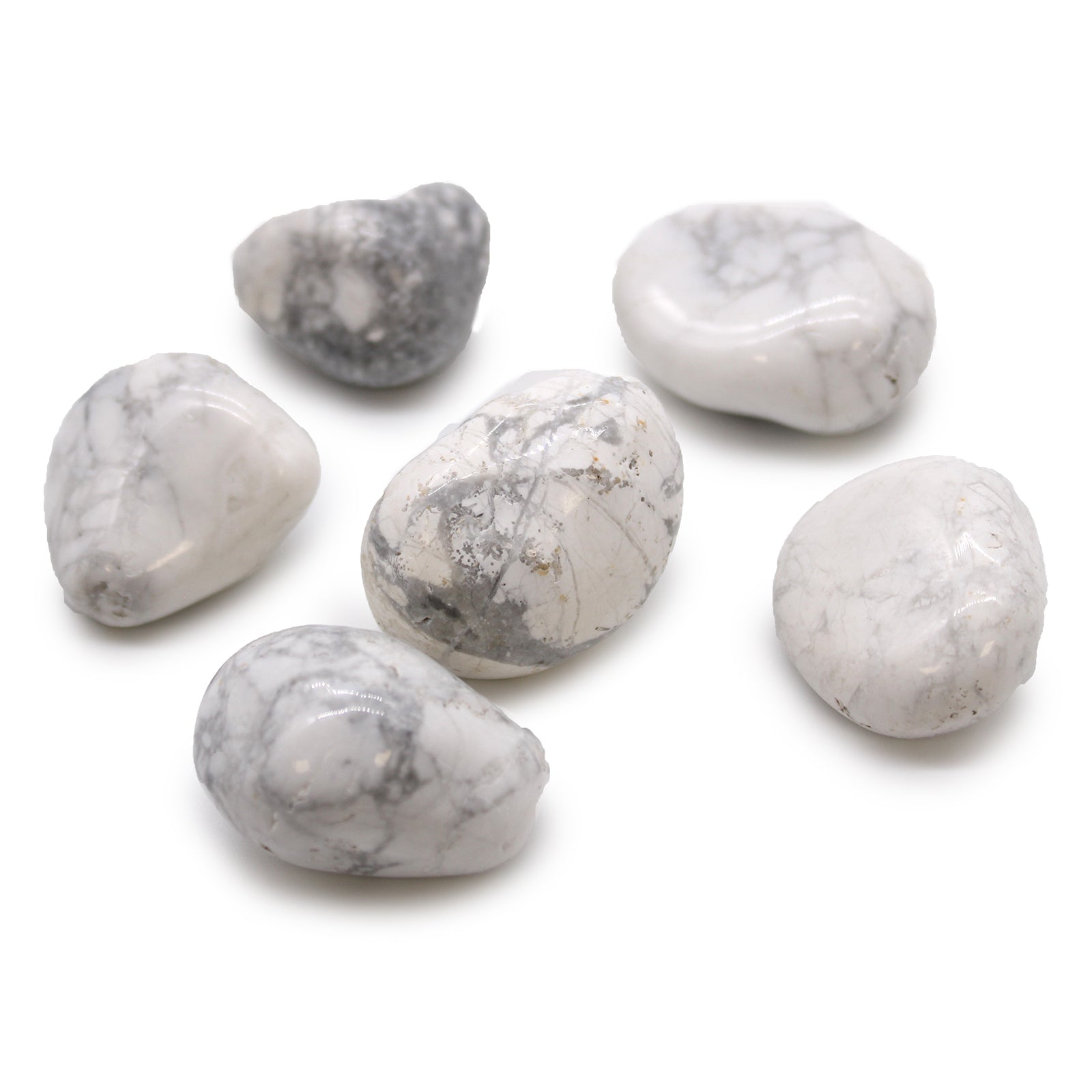 6 x Polished Natural Tumble Stones - White Howlite Magnesite product packaging on clean background from Quintessential Holistic Health Ltd