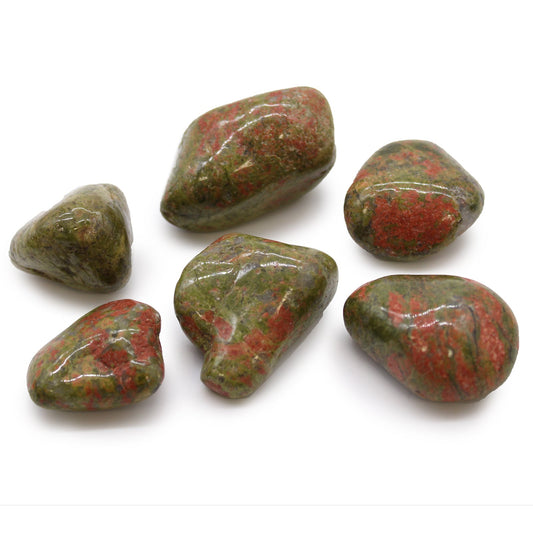 6 x Polished Natural Tumble Stones - Unakite product packaging on clean background from Quintessential Holistic Health Ltd