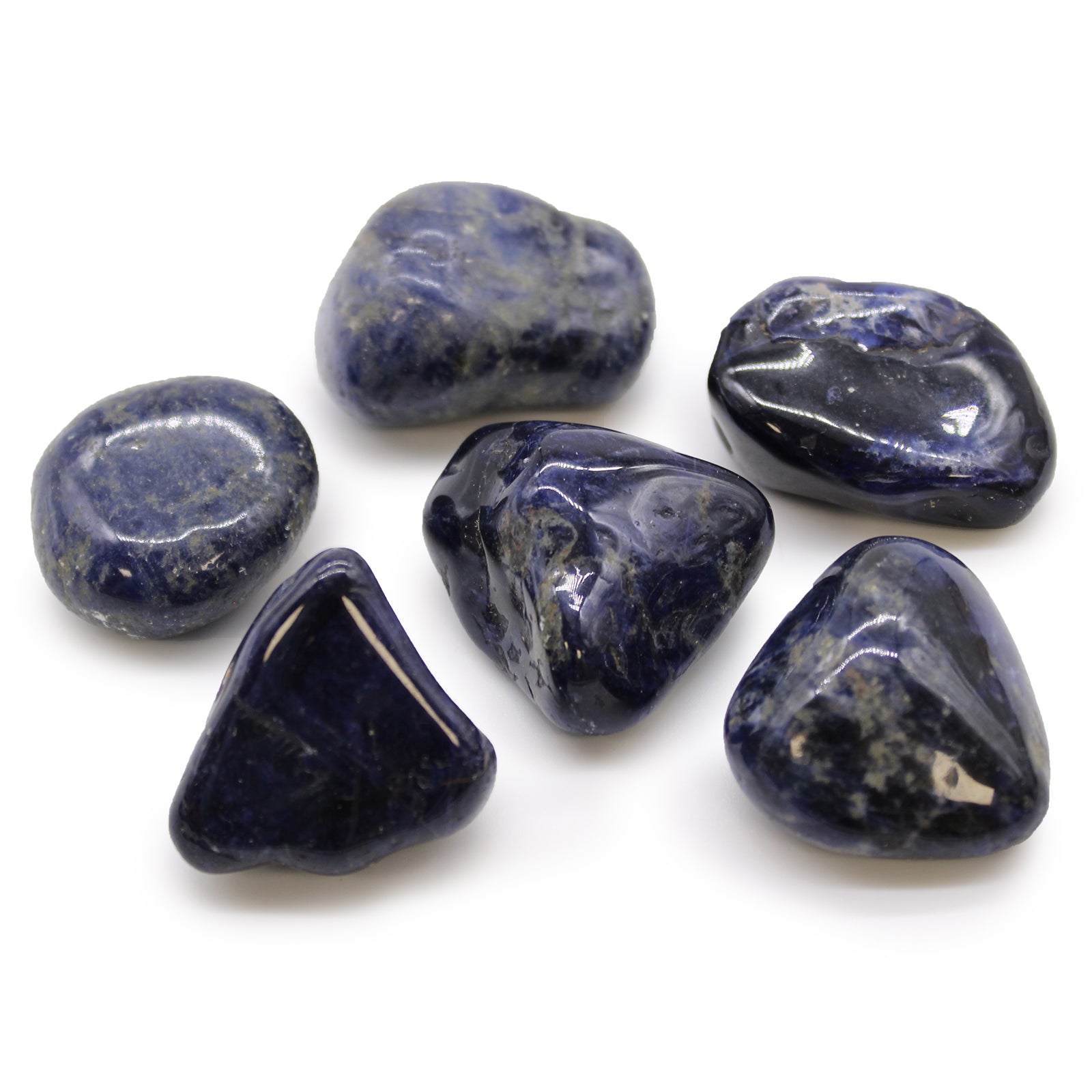 6 x Polished Natural Tumble Stones - Pure Blue Sodalite product packaging on clean background from Quintessential Holistic Health Ltd