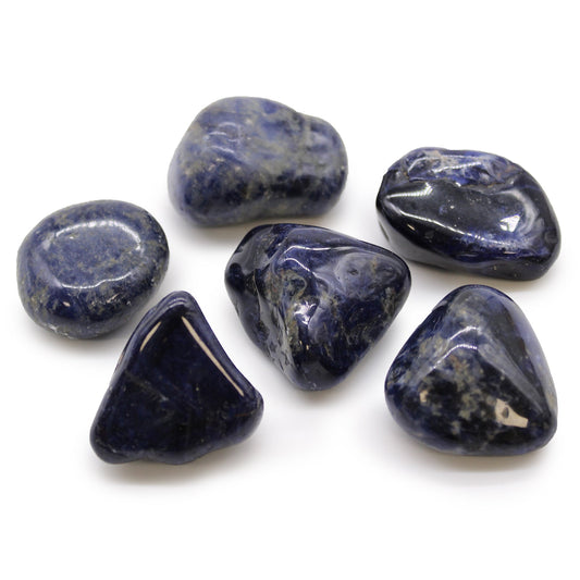 6 x Polished Natural Tumble Stones - Pure Blue Sodalite product packaging on clean background from Quintessential Holistic Health Ltd