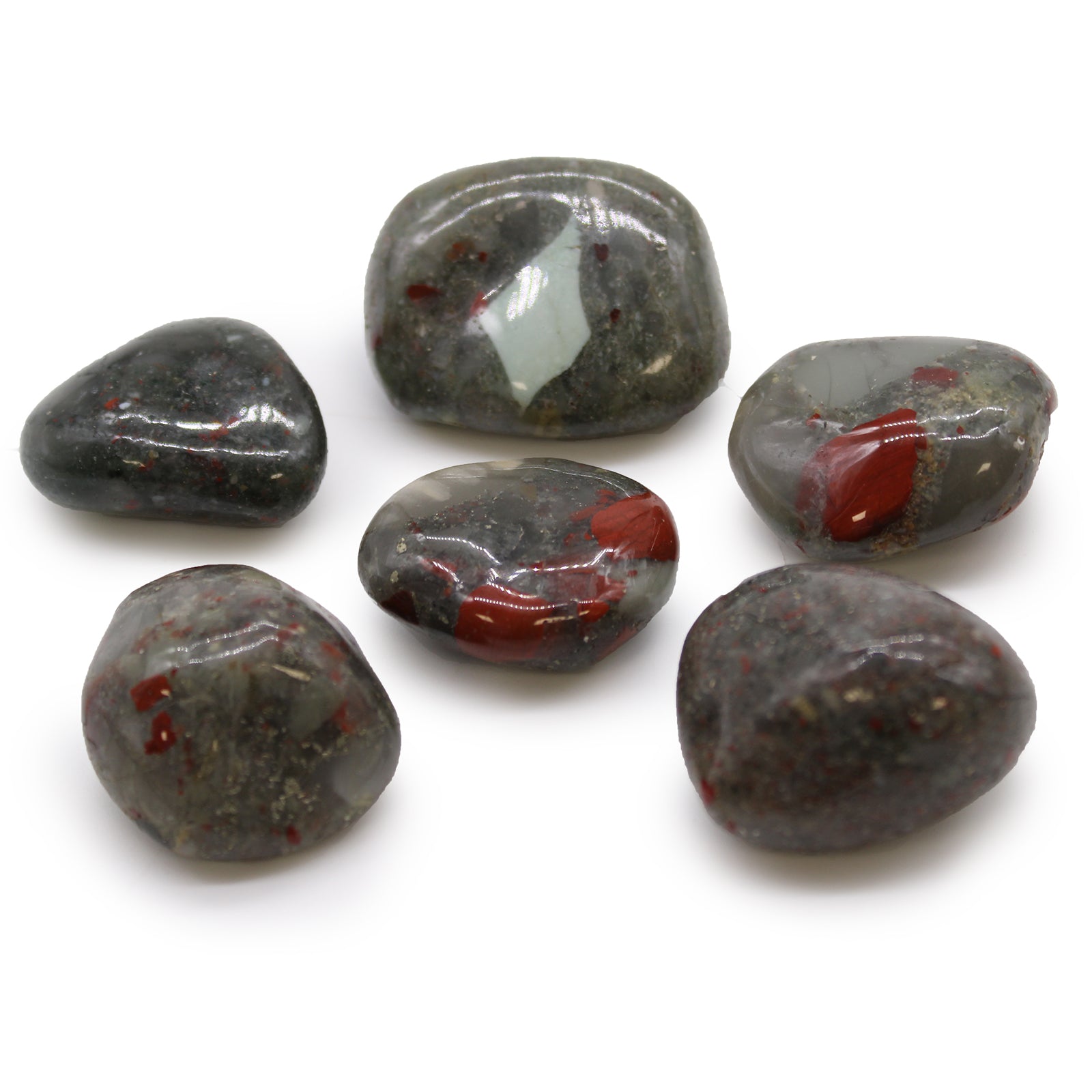 6 x Polished Natural Tumble Stones - Bloodstone Sephtonite product packaging on clean background from Quintessential Holistic Health Ltd