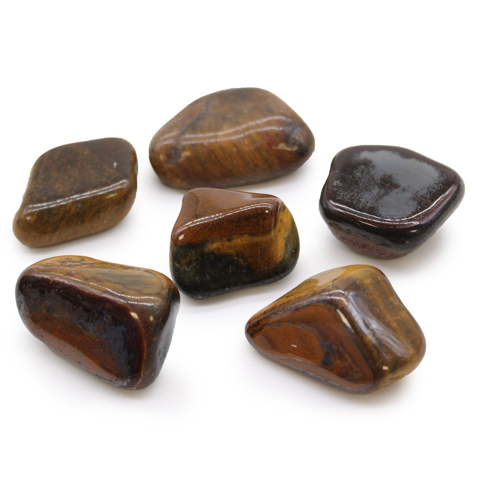 6 x Polished Natural Tumble Stones - Variegated Tigers Eye product packaging on clean background from Quintessential Holistic Health Ltd
