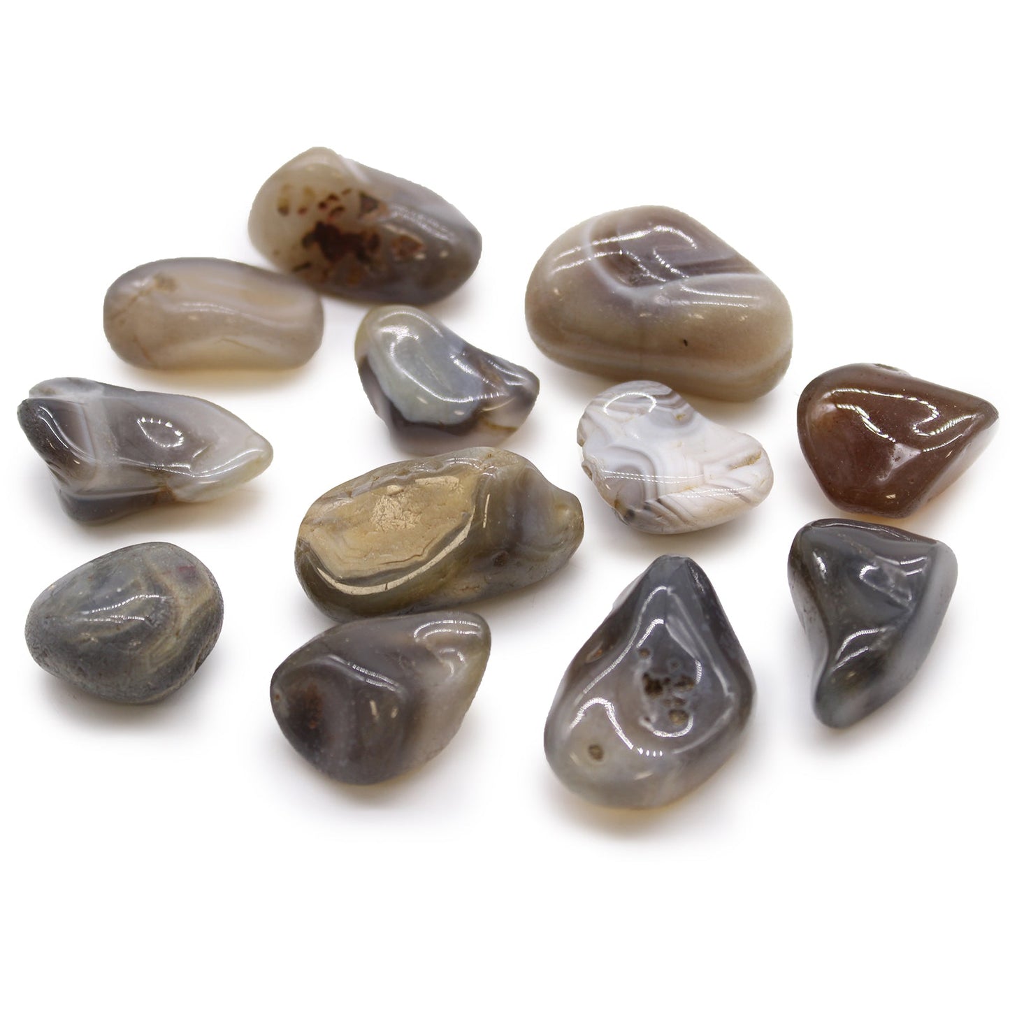 12 x Polished Natural Tumble Stones - Medium / Grey Agate product packaging on clean background from Quintessential Holistic Health Ltd