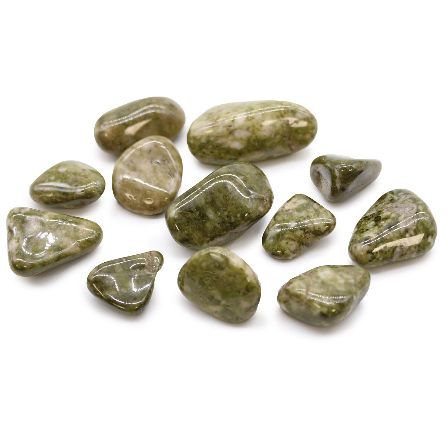 12 x Polished Natural Tumble Stones - Medium / Epidote Snowflake product packaging on clean background from Quintessential Holistic Health Ltd
