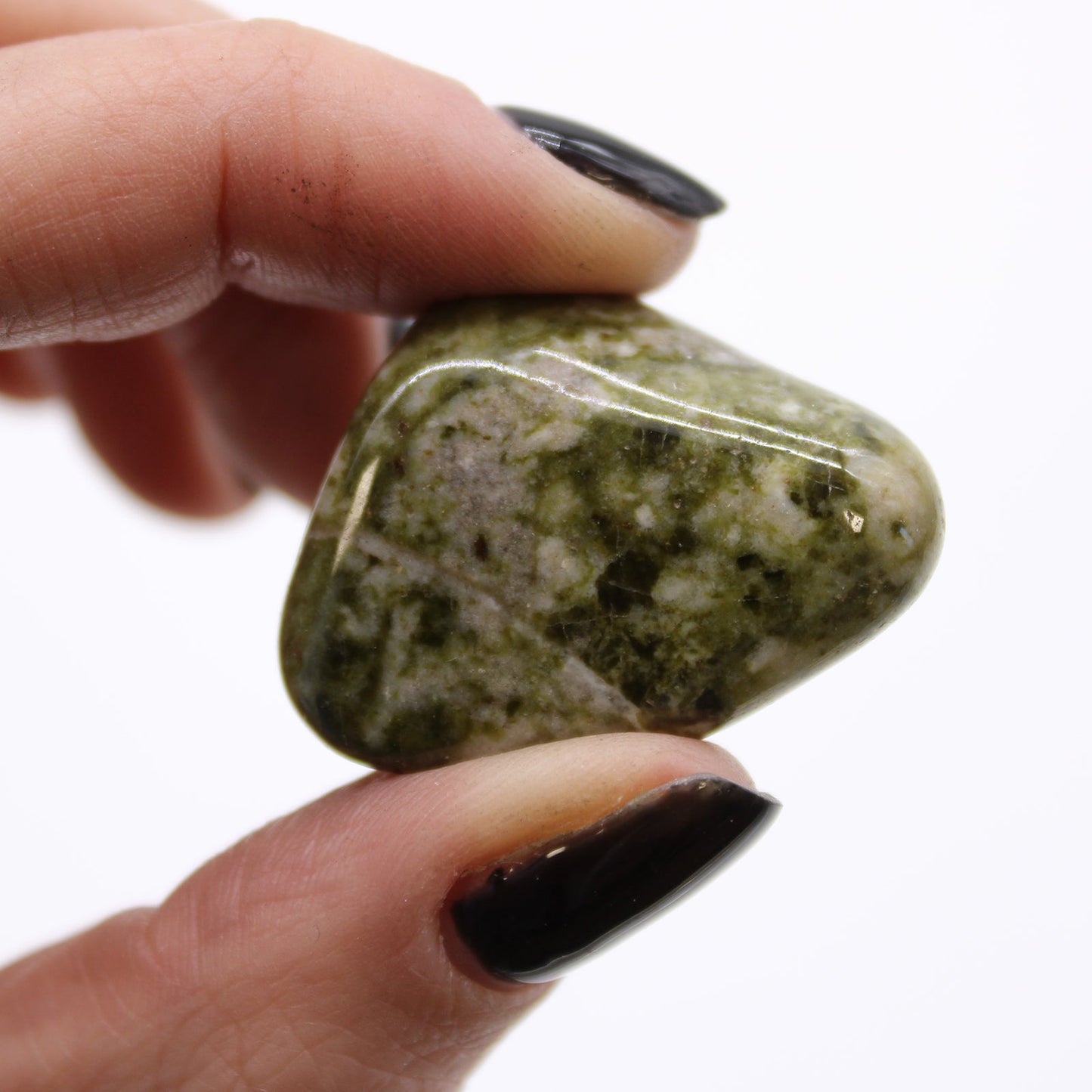 12 x Polished Natural Tumble Stones - Medium / Epidote Snowflake product packaging on clean background from Quintessential Holistic Health Ltd