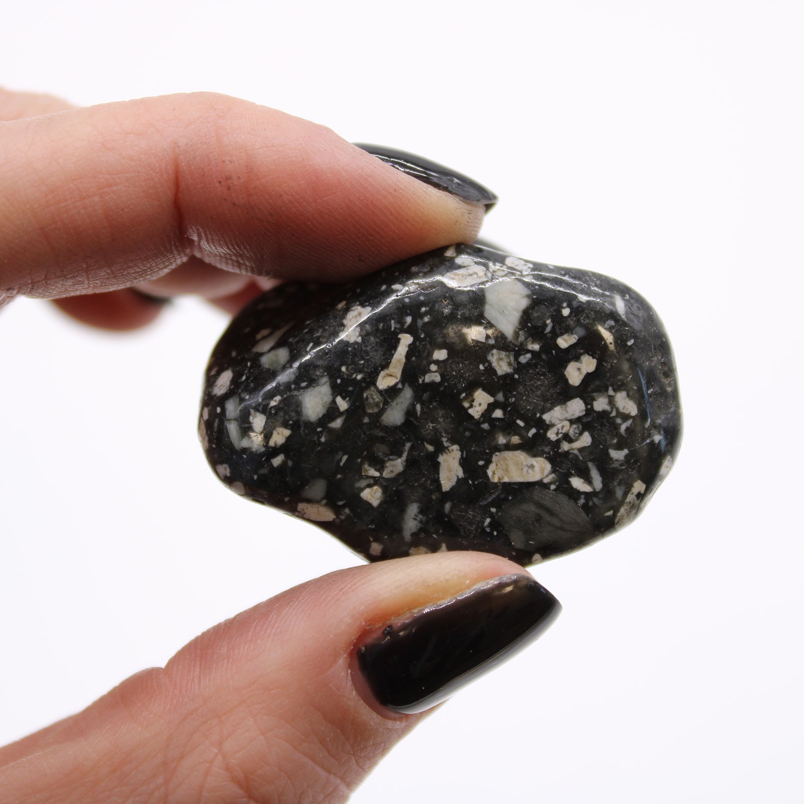 12 x Polished Natural Tumble Stones - Medium / Guinea Fowl Jasper product packaging on clean background from Quintessential Holistic Health Ltd