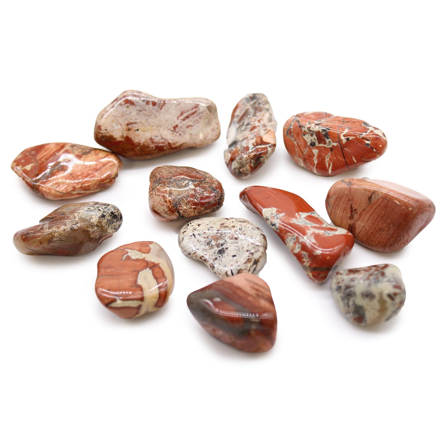 12 x Polished Natural Tumble Stones - Medium / Brecciated Light Jasper product packaging on clean background from Quintessential Holistic Health Ltd
