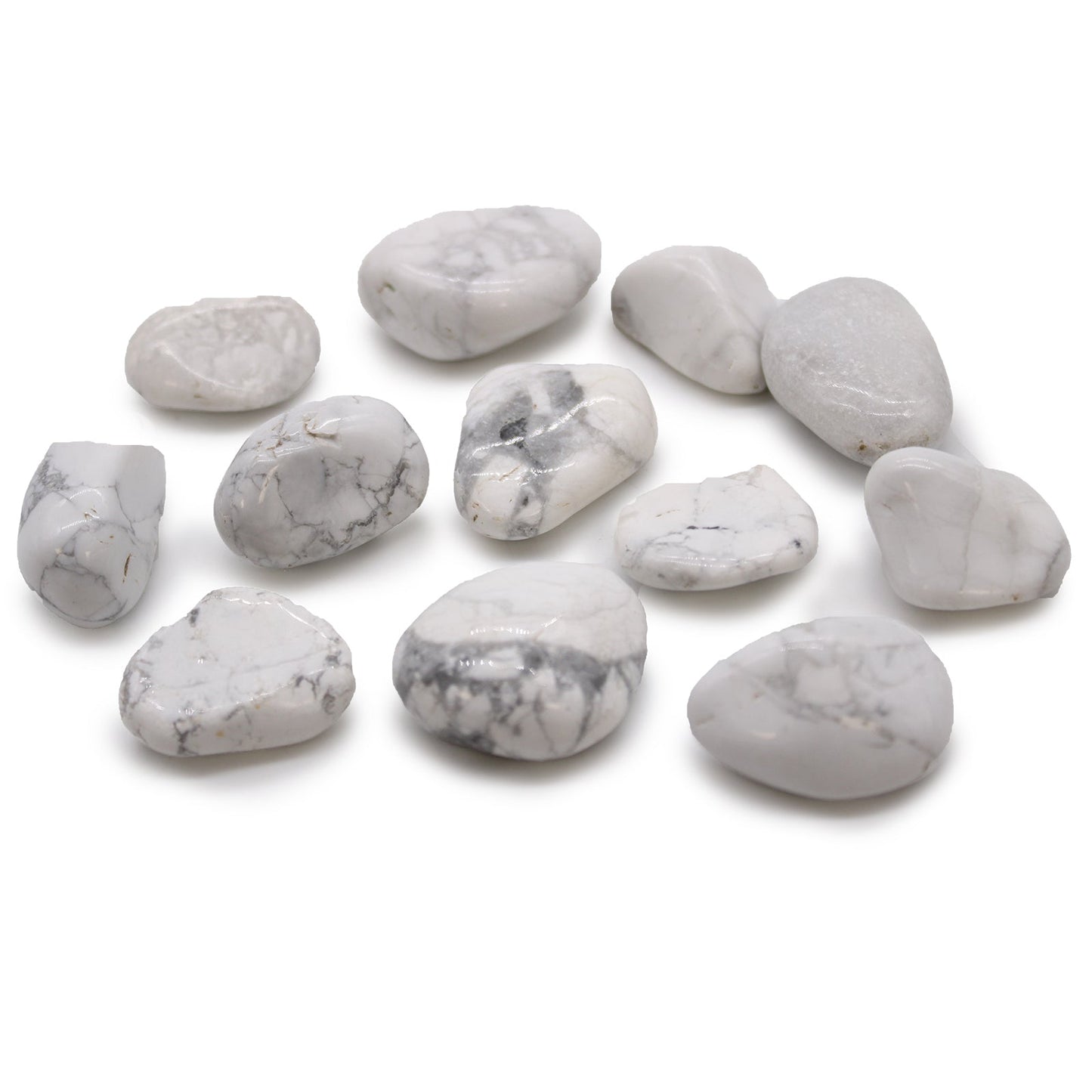 12 x Polished Natural Tumble Stones - Medium / White Howlite Magnesite product packaging on clean background from Quintessential Holistic Health Ltd