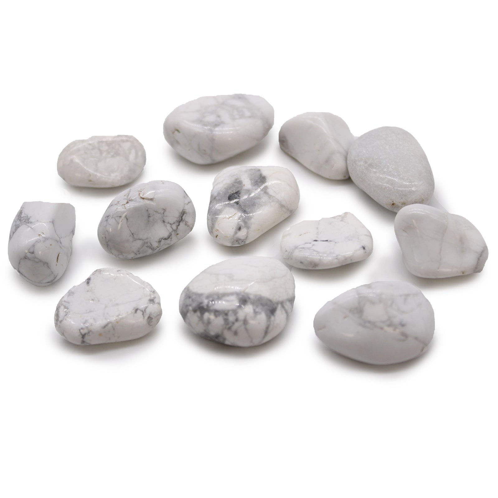 12 x Polished Natural Tumble Stones - Medium / White Howlite Magnesite product packaging on clean background from Quintessential Holistic Health Ltd