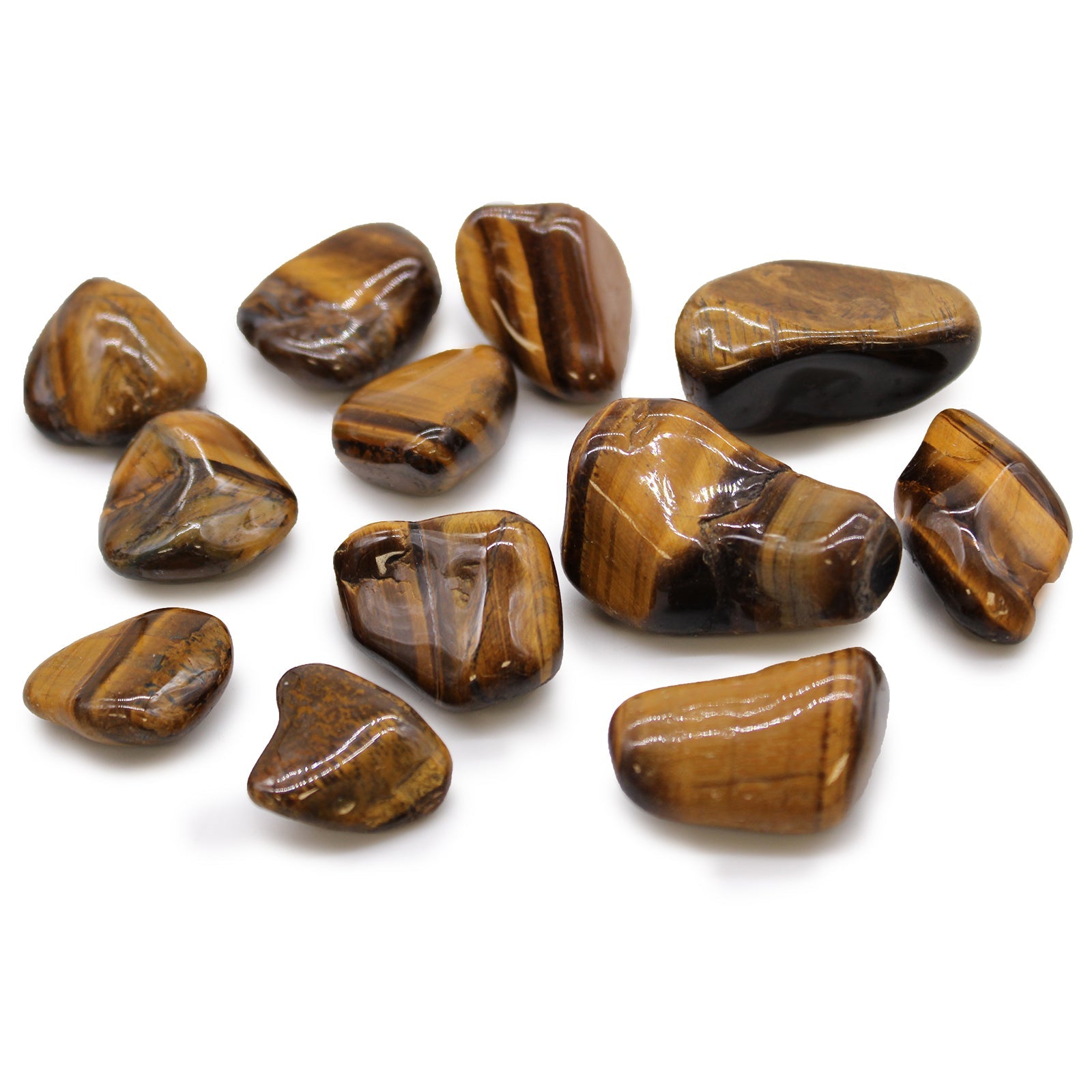 12 x Polished Natural Tumble Stones - Medium / Golden Tigers Eye product packaging on clean background from Quintessential Holistic Health Ltd