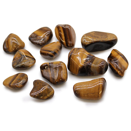 12 x Polished Natural Tumble Stones - Medium / Golden Tigers Eye product packaging on clean background from Quintessential Holistic Health Ltd