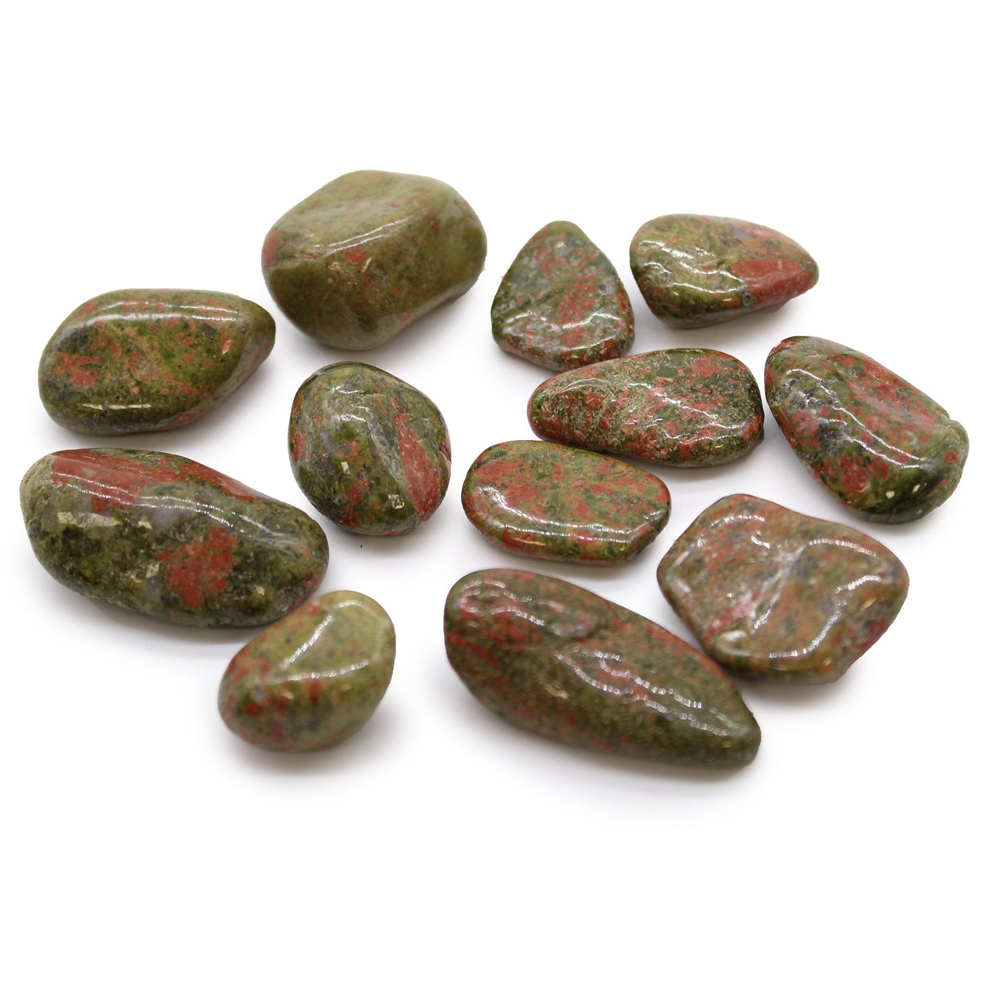 12 x Polished Natural Tumble Stones - Medium / Unakite product packaging on clean background from Quintessential Holistic Health Ltd