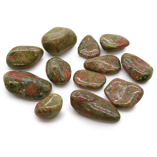 12 x Polished Natural Tumble Stones - Medium / Unakite product packaging on clean background from Quintessential Holistic Health Ltd