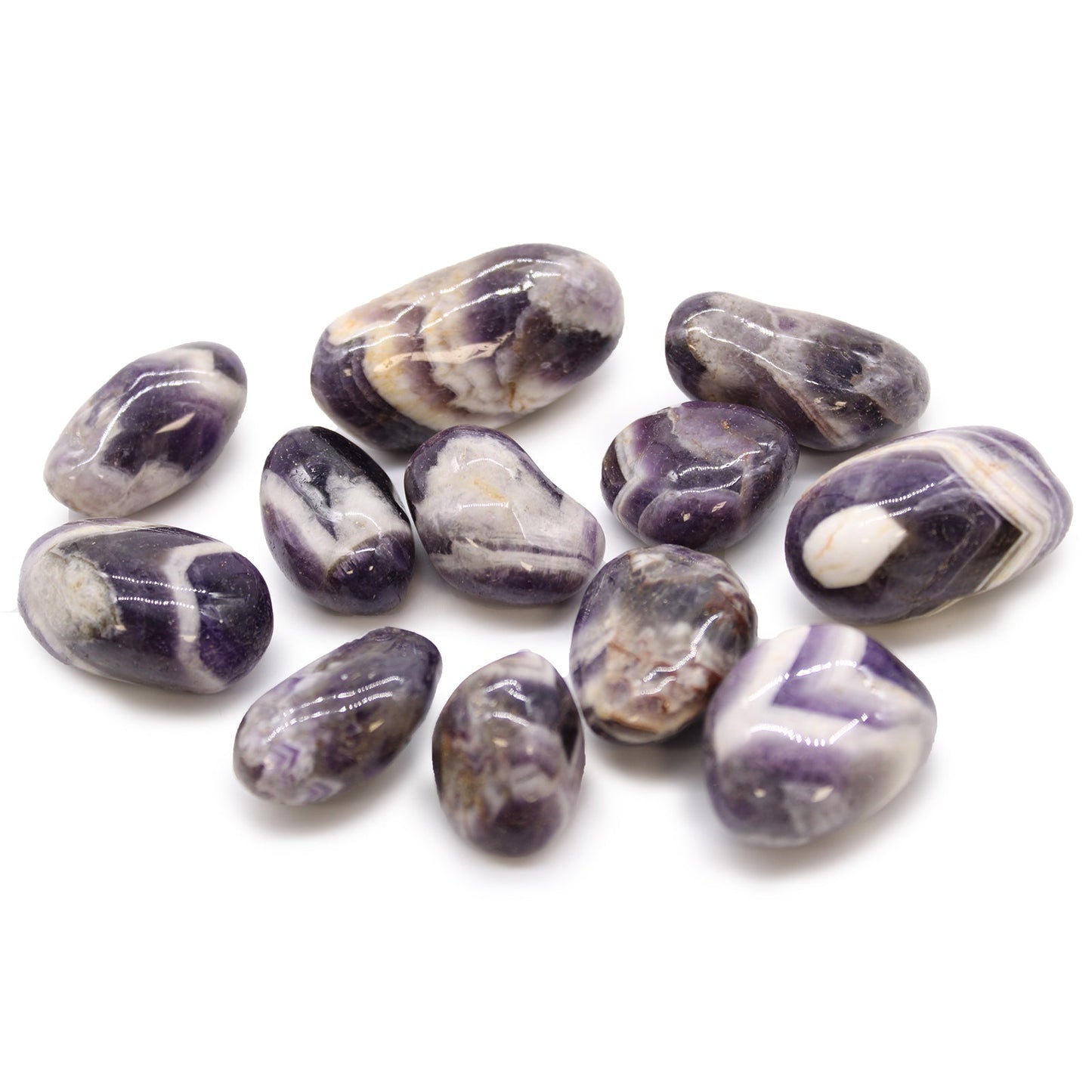 12 x Polished Natural Tumble Stones - Medium / Amethyst Chevron product packaging on clean background from Quintessential Holistic Health Ltd