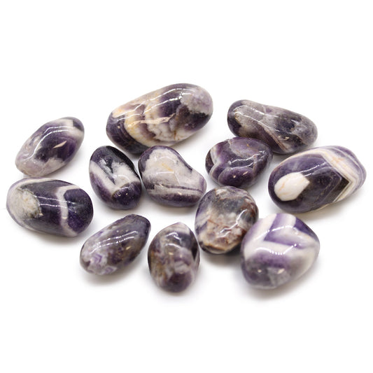 12 x Polished Natural Tumble Stones - Medium / Amethyst Chevron product packaging on clean background from Quintessential Holistic Health Ltd