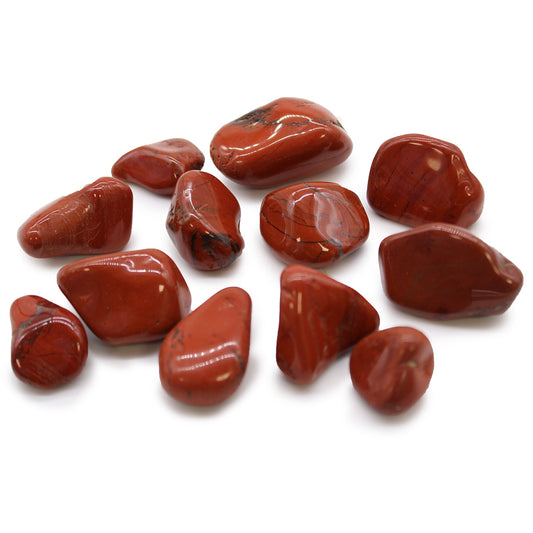 12 x Polished Natural Tumble Stones - Medium / Red Jasper product packaging on clean background from Quintessential Holistic Health Ltd