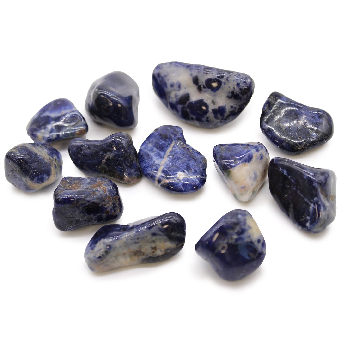 12 x Polished Natural Tumble Stones - Medium / Pure Blue Sodalite product packaging on clean background from Quintessential Holistic Health Ltd