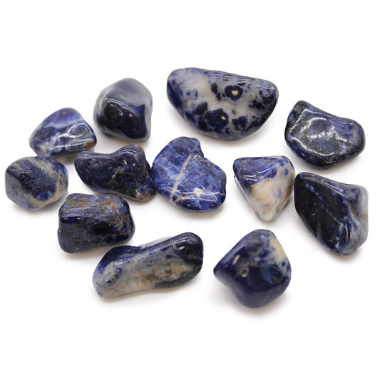 12 x Polished Natural Tumble Stones - Medium / Pure Blue Sodalite product packaging on clean background from Quintessential Holistic Health Ltd