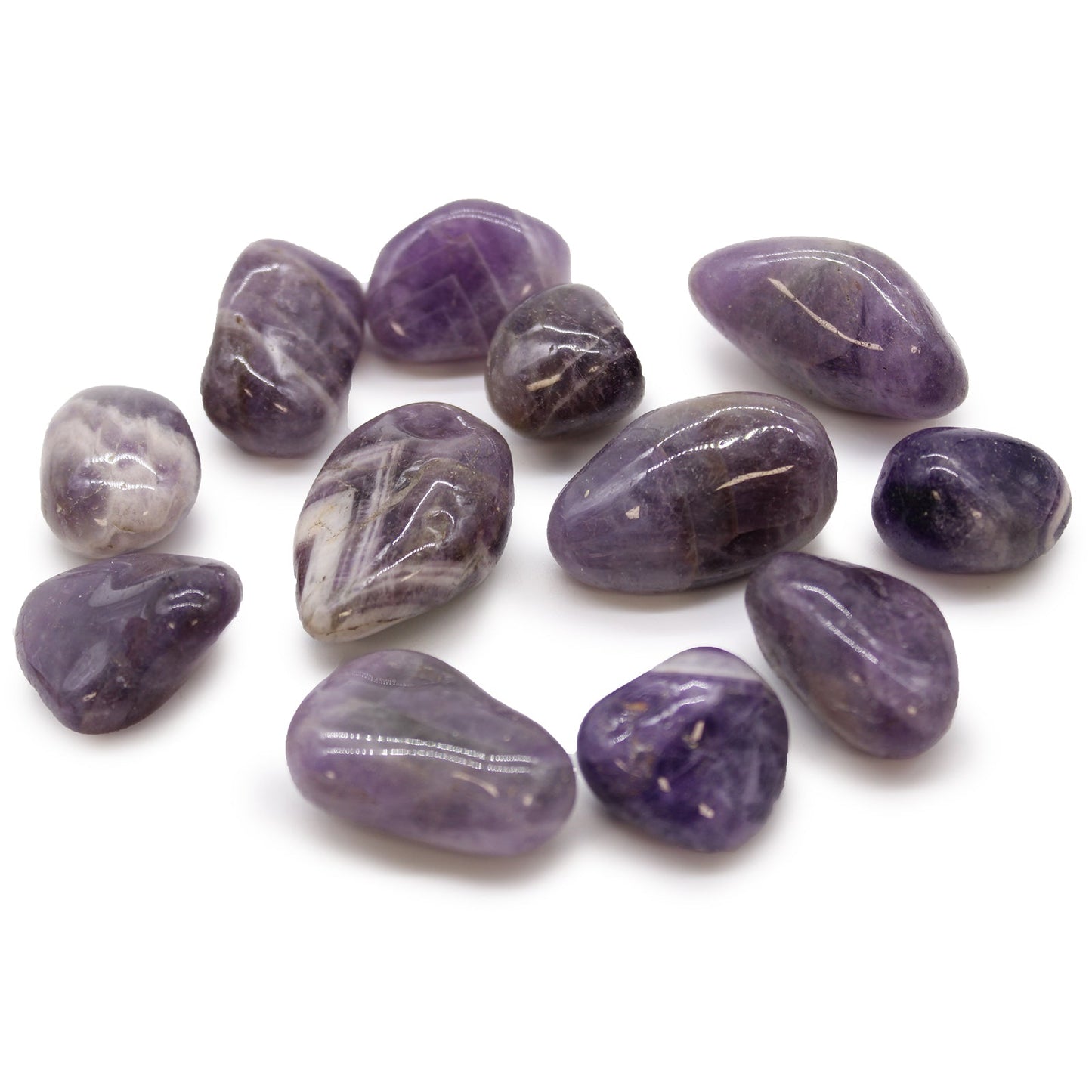 12 x Polished Natural Tumble Stones - Medium / Amethyst product packaging on clean background from Quintessential Holistic Health Ltd
