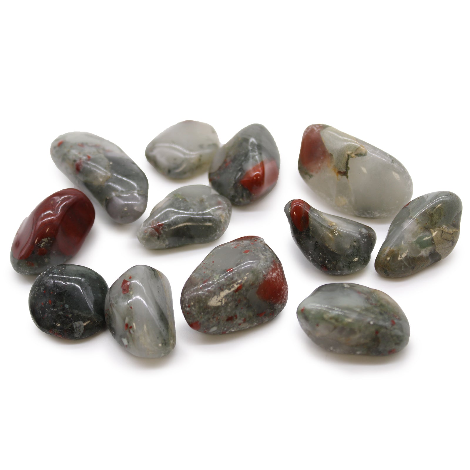 12 x Polished Natural Tumble Stones - Medium / Bloodstone Sephtonite product packaging on clean background from Quintessential Holistic Health Ltd