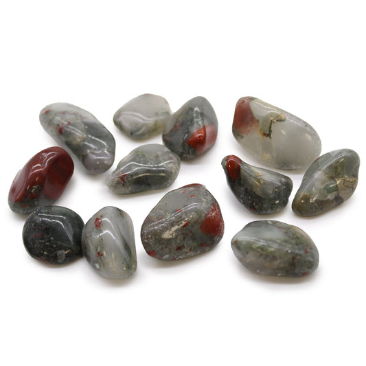 12 x Polished Natural Tumble Stones - Medium / Bloodstone Sephtonite product packaging on clean background from Quintessential Holistic Health Ltd